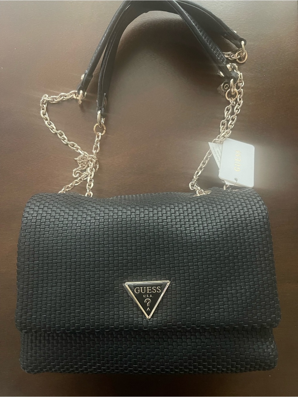 GUESS Black Woven Crossbody with Gold Chain Accents